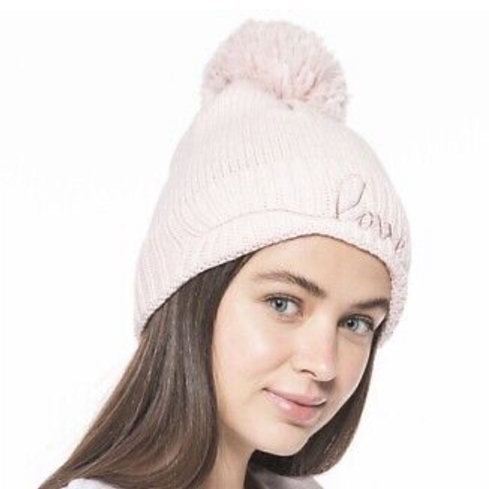 Jenni Womens Love Embroidered Pom Pom Beanie Knit Hat Blush Pink One Size New